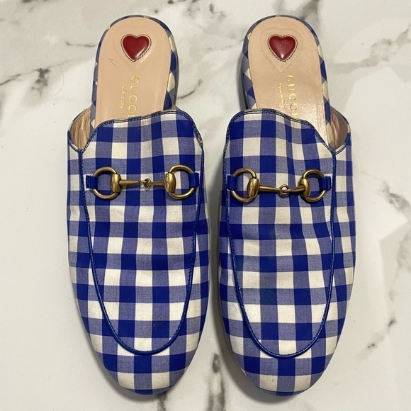 Gucci Horsebit Princetown White Blue Plaid Gingham Loafer Mules - Picture 4 of 9